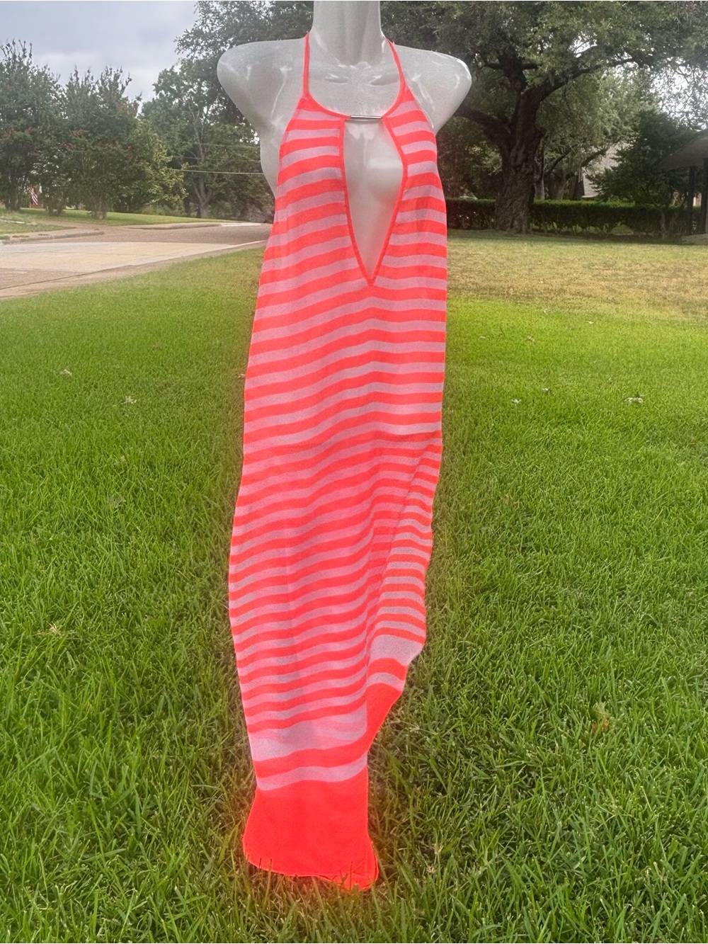 Size Medium Gianni Bini Neon Coral and Light Pink Striped Maxi Dress